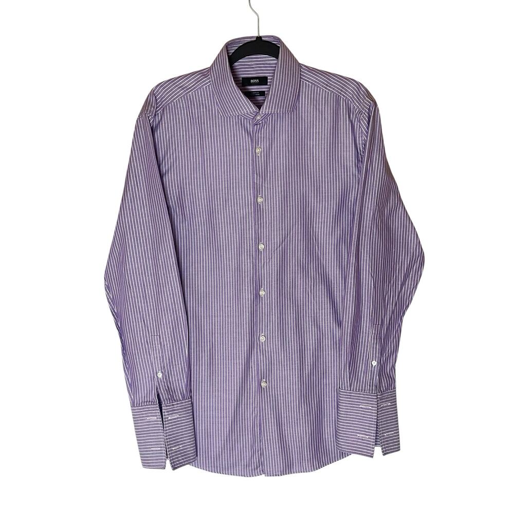 Hugo Boss Sharp Fit Purple Stripe Herringbone French Cuffs Dress Shirt 16 32/33